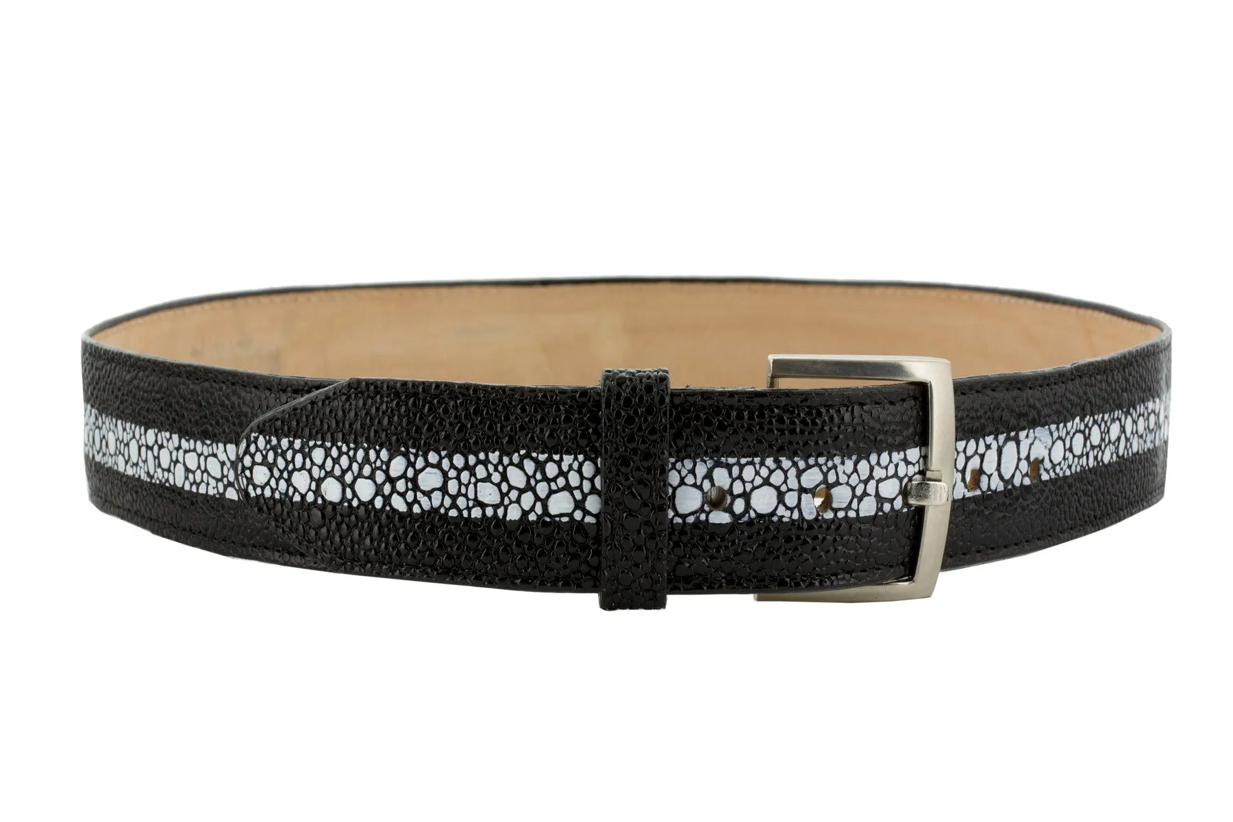 Black Western Cowboy Belt Stingray Print Leather - Silver Buckle