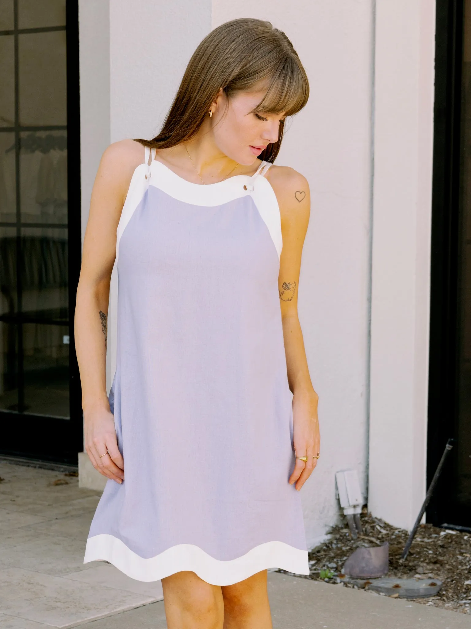 Blue Linen Wave Hem Mini Dress