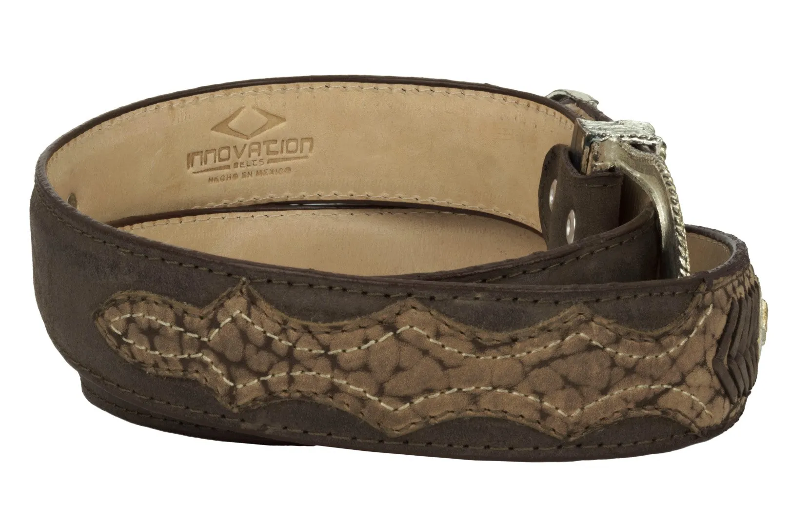 Brown Cowboy Leather Belt Elephant Overlay Print - Silver Buckle