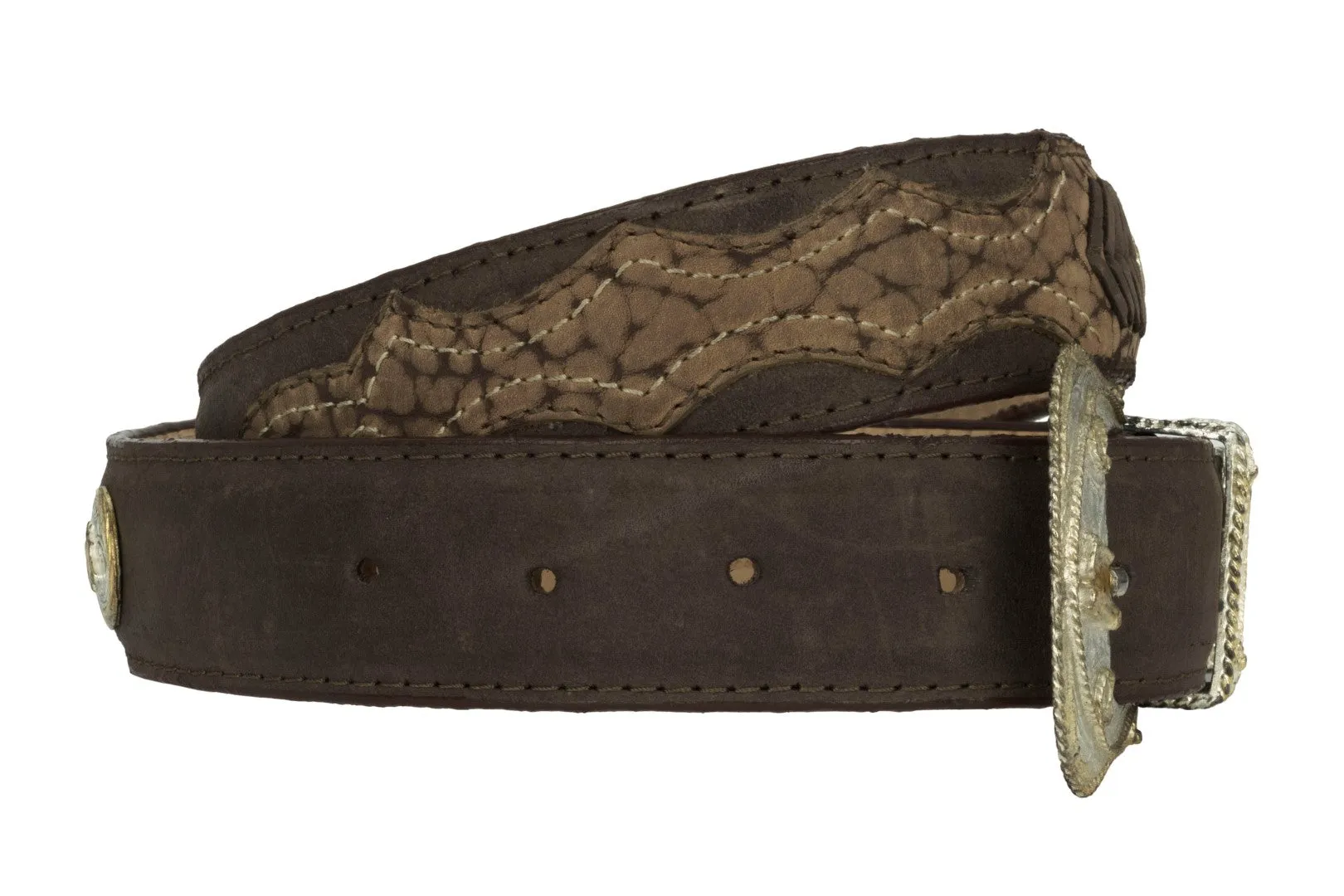 Brown Cowboy Leather Belt Elephant Overlay Print - Silver Buckle