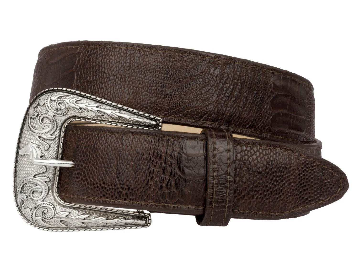 Brown Western Cowboy Belt Ostrich Leg Print Leather - Silver Buckle