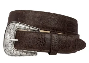 Brown Western Cowboy Belt Ostrich Leg Print Leather - Silver Buckle