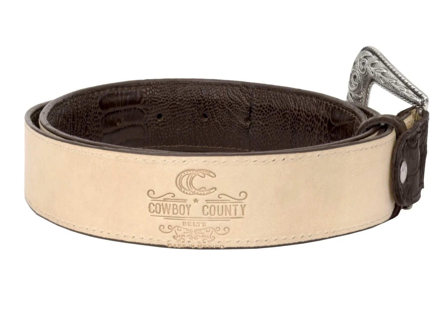 Brown Western Cowboy Belt Ostrich Leg Print Leather - Silver Buckle