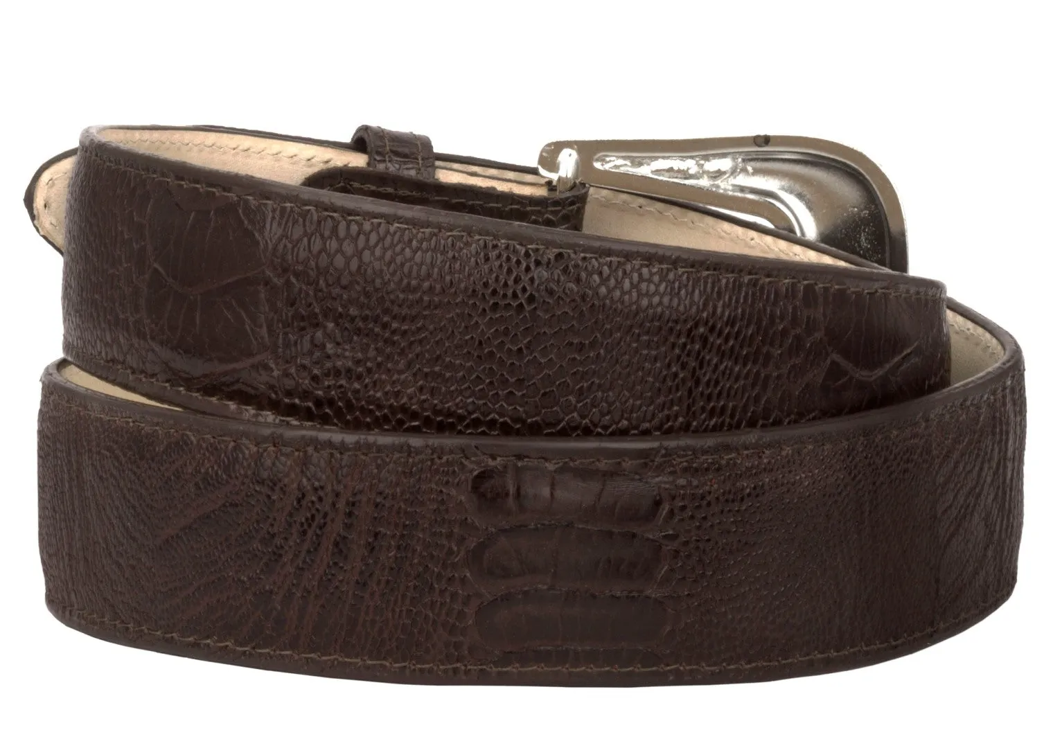 Brown Western Cowboy Belt Ostrich Leg Print Leather - Silver Buckle