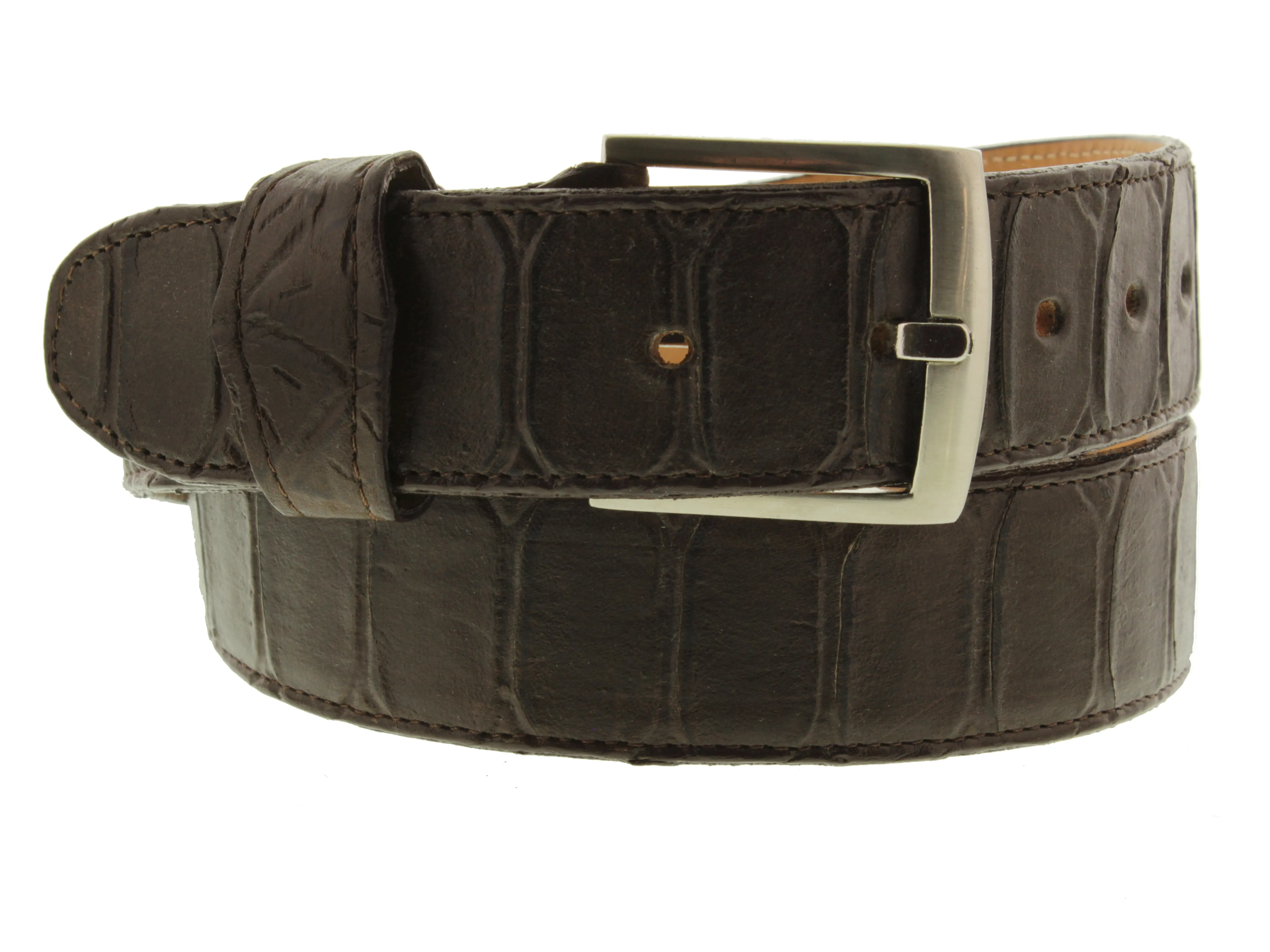 Brown Western Cowboy Belt Snake Anaconda Print Leather - Silver Buckle