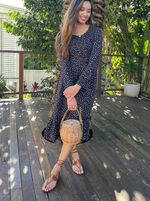 Carmen Black Floral Long Sleeve Midi Dress