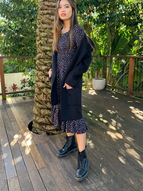Carmen Black Floral Long Sleeve Midi Dress