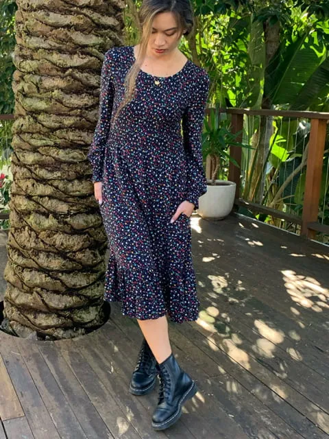 Carmen Black Floral Long Sleeve Midi Dress