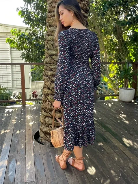 Carmen Black Floral Long Sleeve Midi Dress