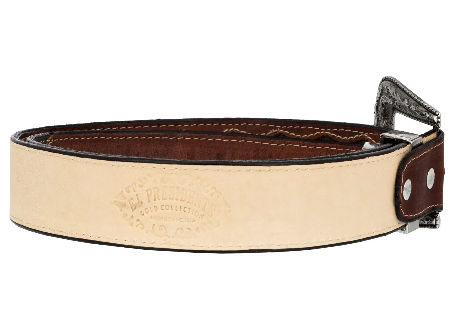Chedron Western Cowboy Belt Overlay Leather - Silver Buckle