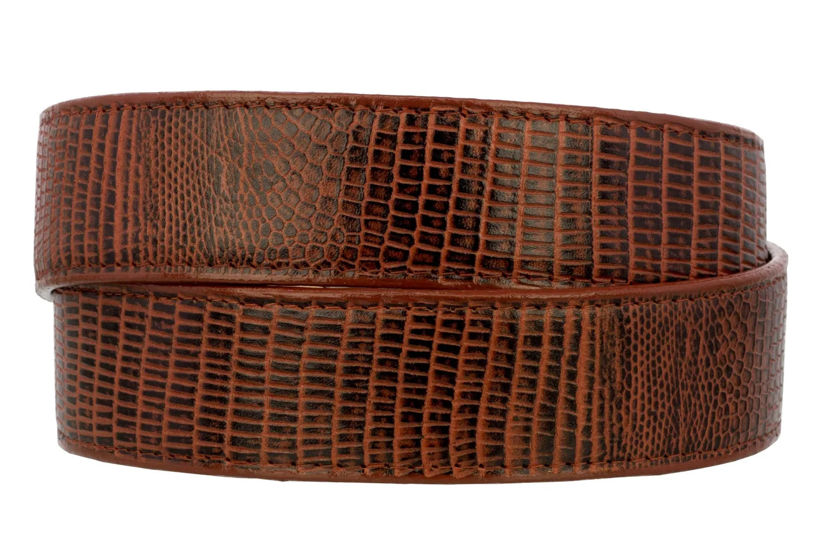 Cognac Western Cowboy Belt Teju Lizard Print Leather - Rodeo Buckle