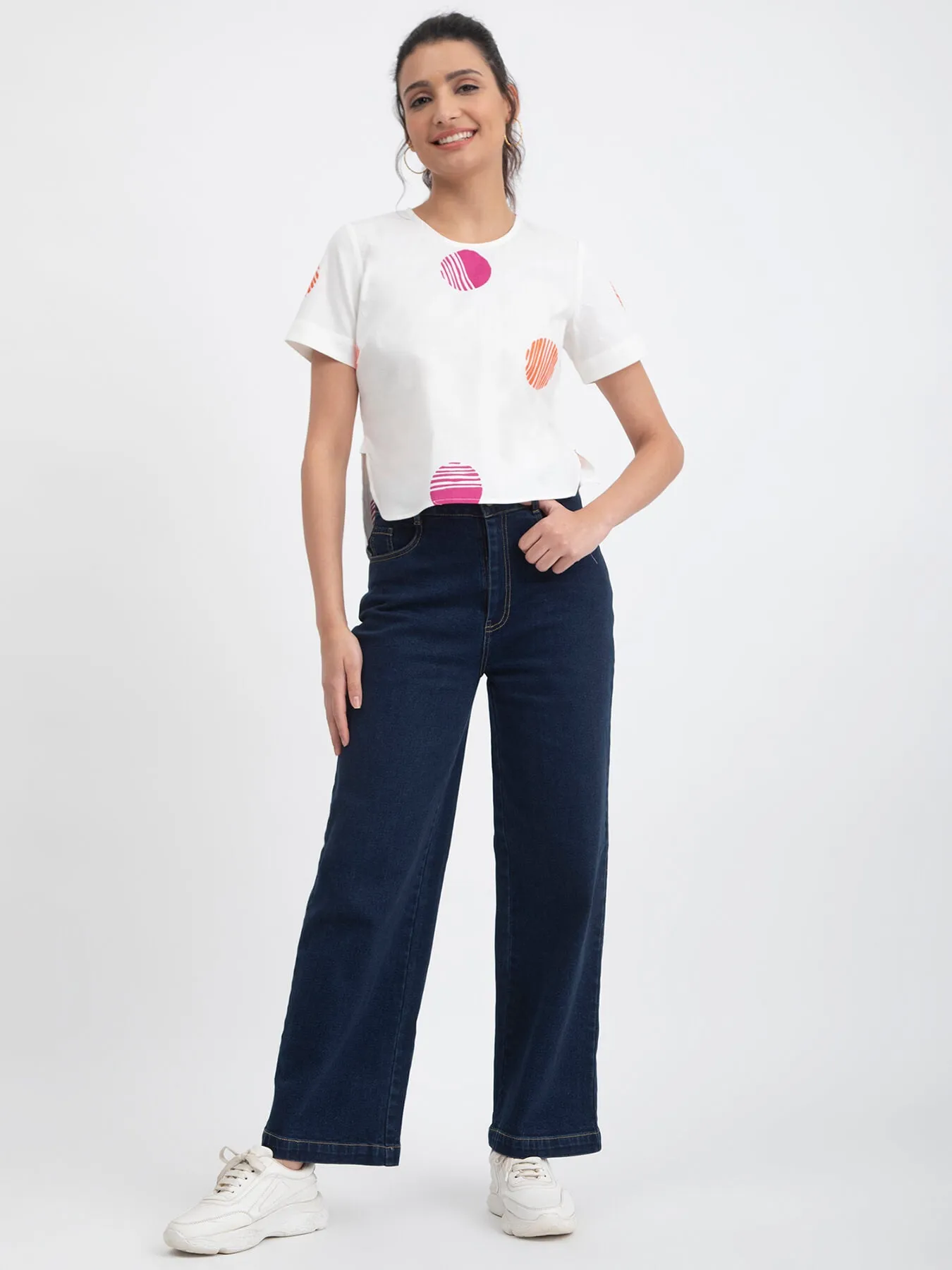 Cotton Poplin Polka Top - White