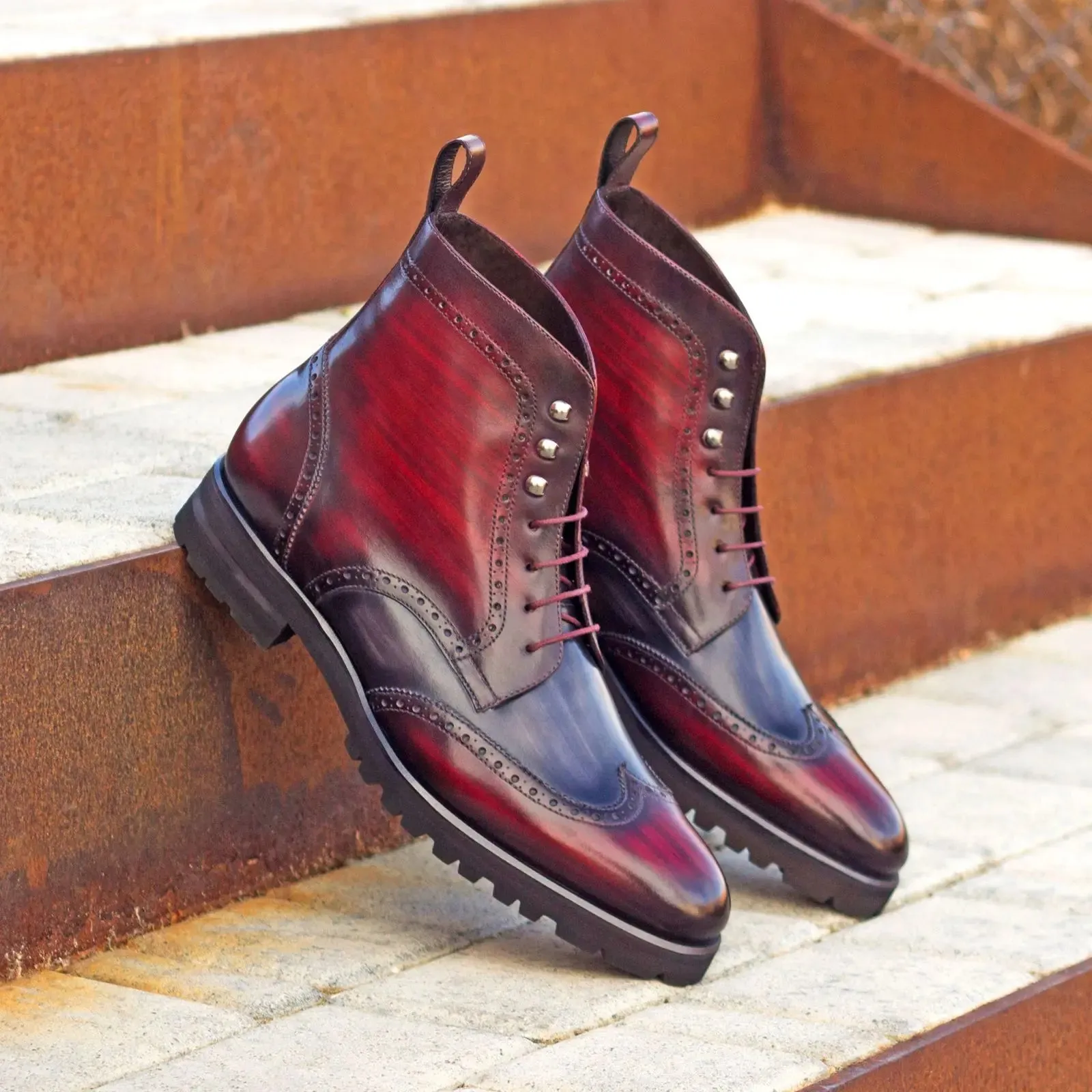 DapperFam Valiant in Burgundy / Grey Men's Hand-Painted Patina Military Brogue
