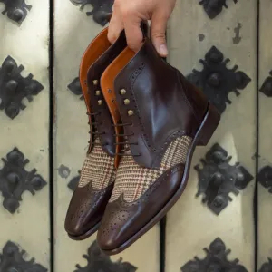 DapperFam Valiant in Tweed / Dark Brown Men's Sartorial & Italian Leather Military Brogue