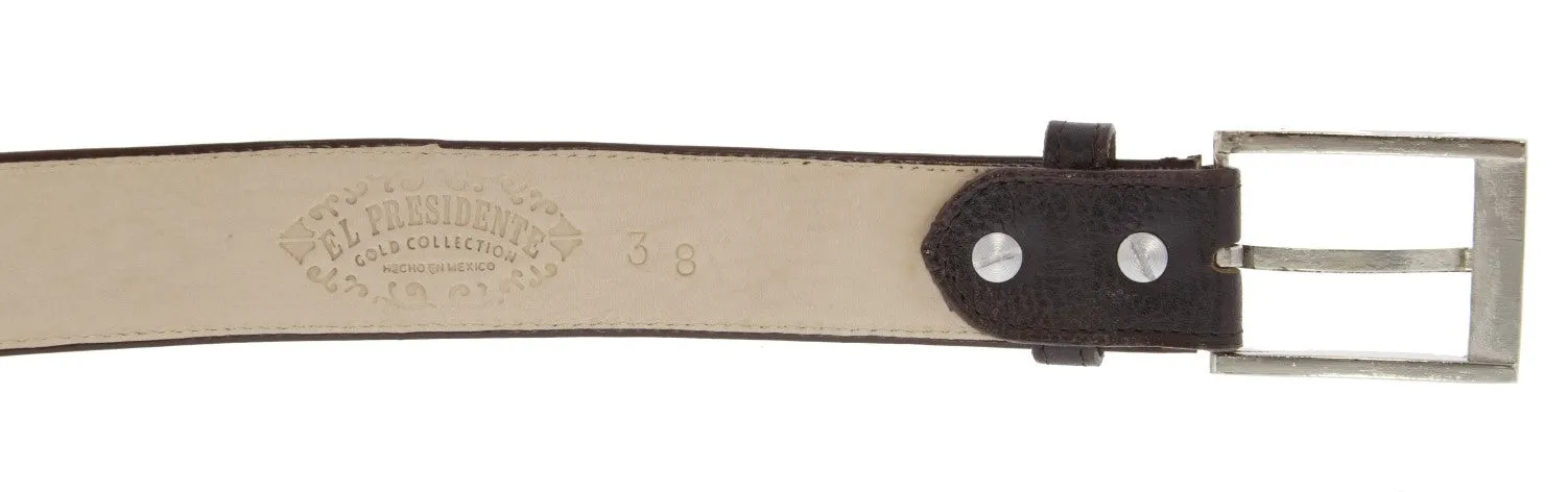 Dark Brown Western Cowboy Belt Solid Grain Leather - Silver Buckle