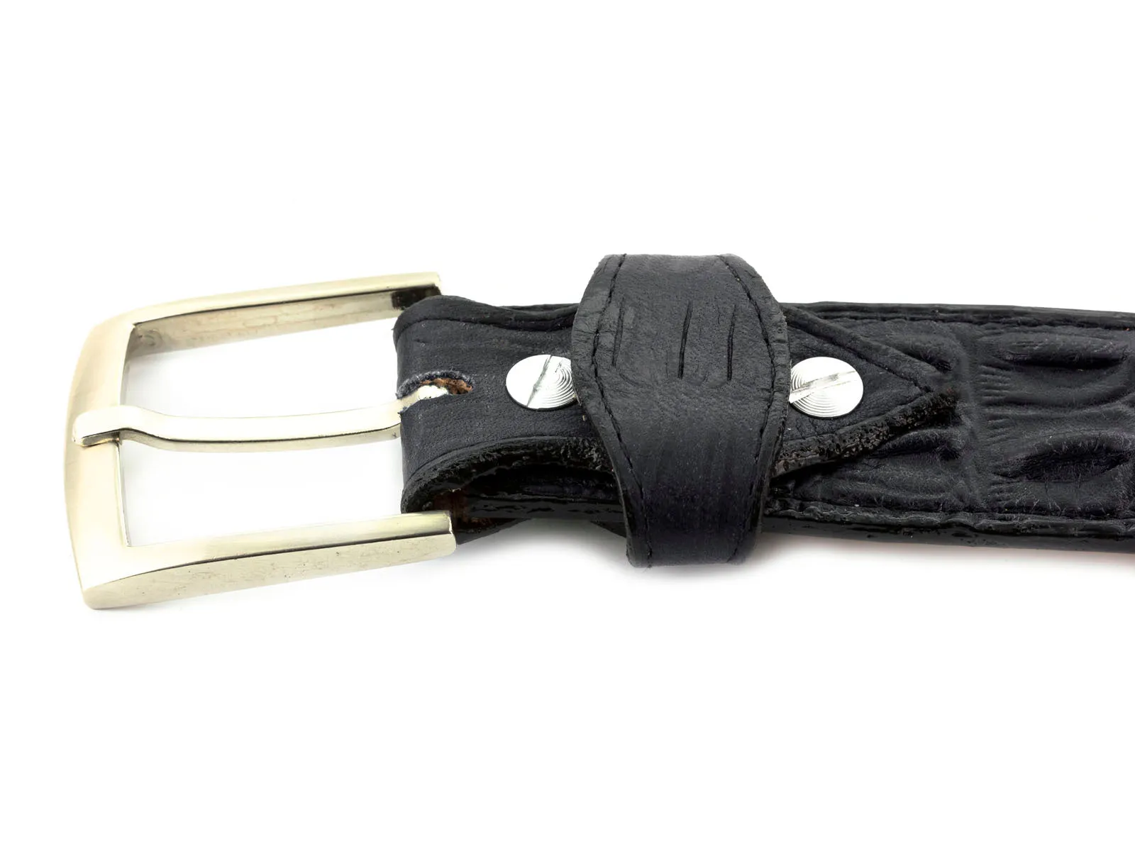 Denim Blue Western Belt Crocodile Tail Print Leather - Silver Buckle