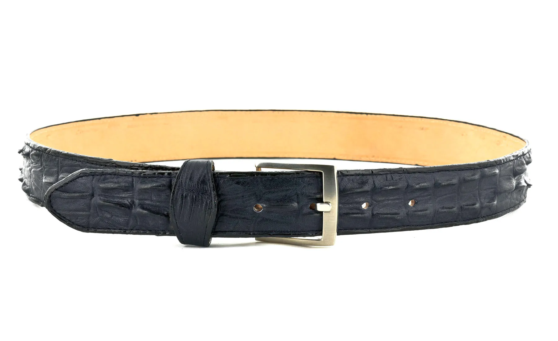 Denim Blue Western Belt Crocodile Tail Print Leather - Silver Buckle