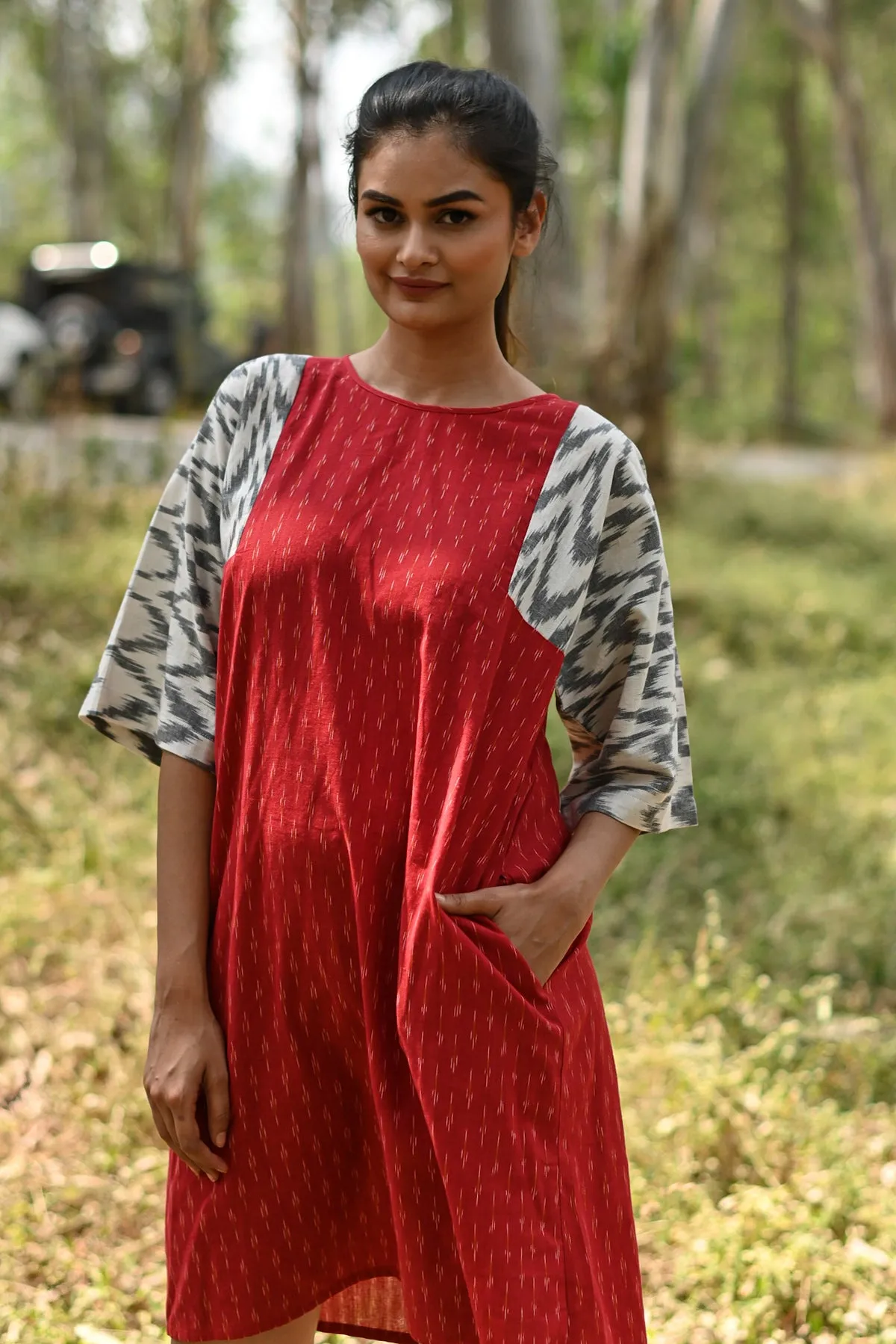 Ella Red Chevron Handloom Ikat Dress