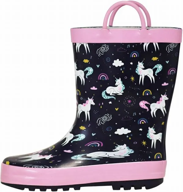 Kids Waterproof Navy Pink Unicorn Rain Boots