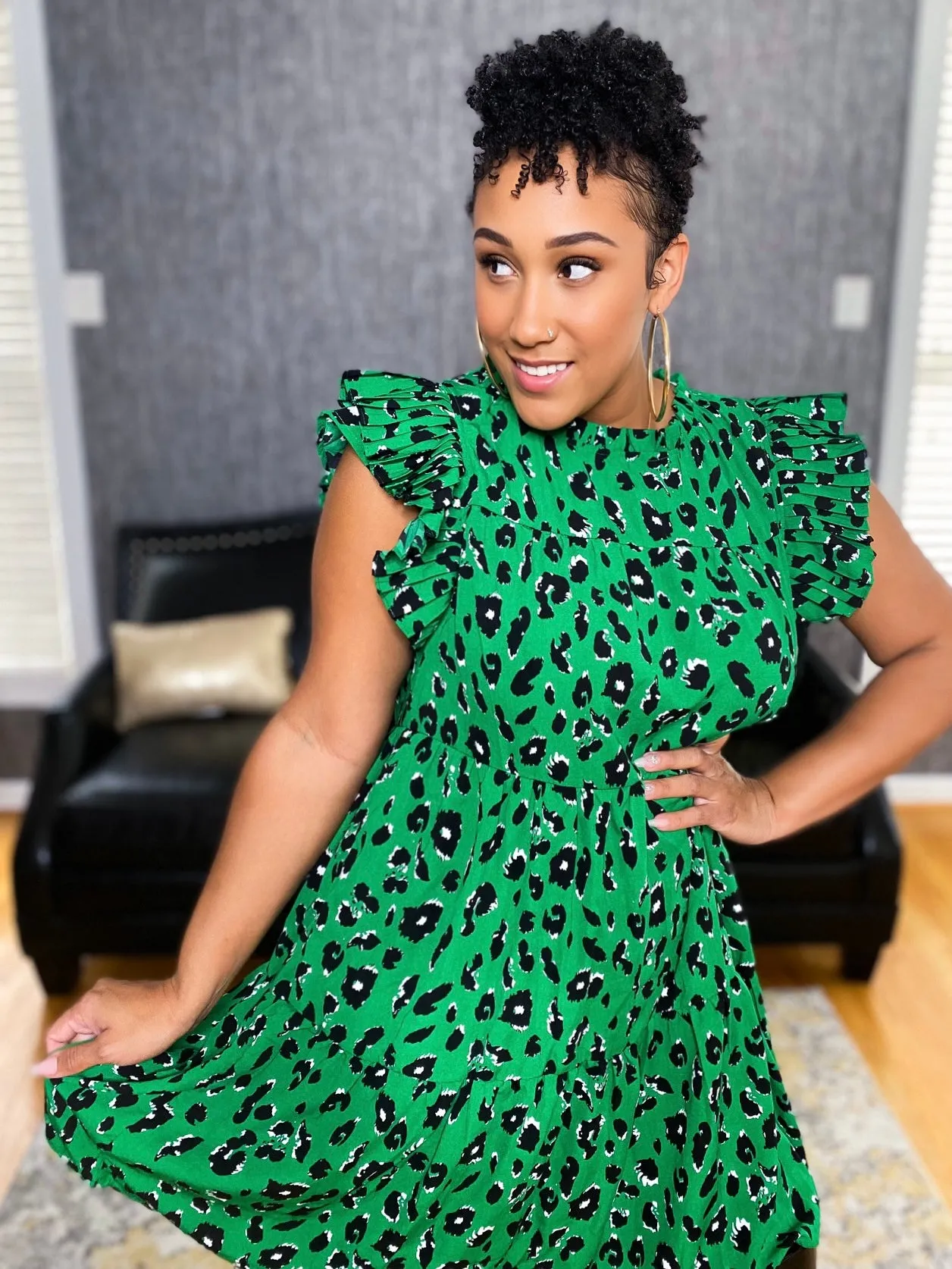 Leopard Ruffled Sleeve Dress(Multiple Colors)