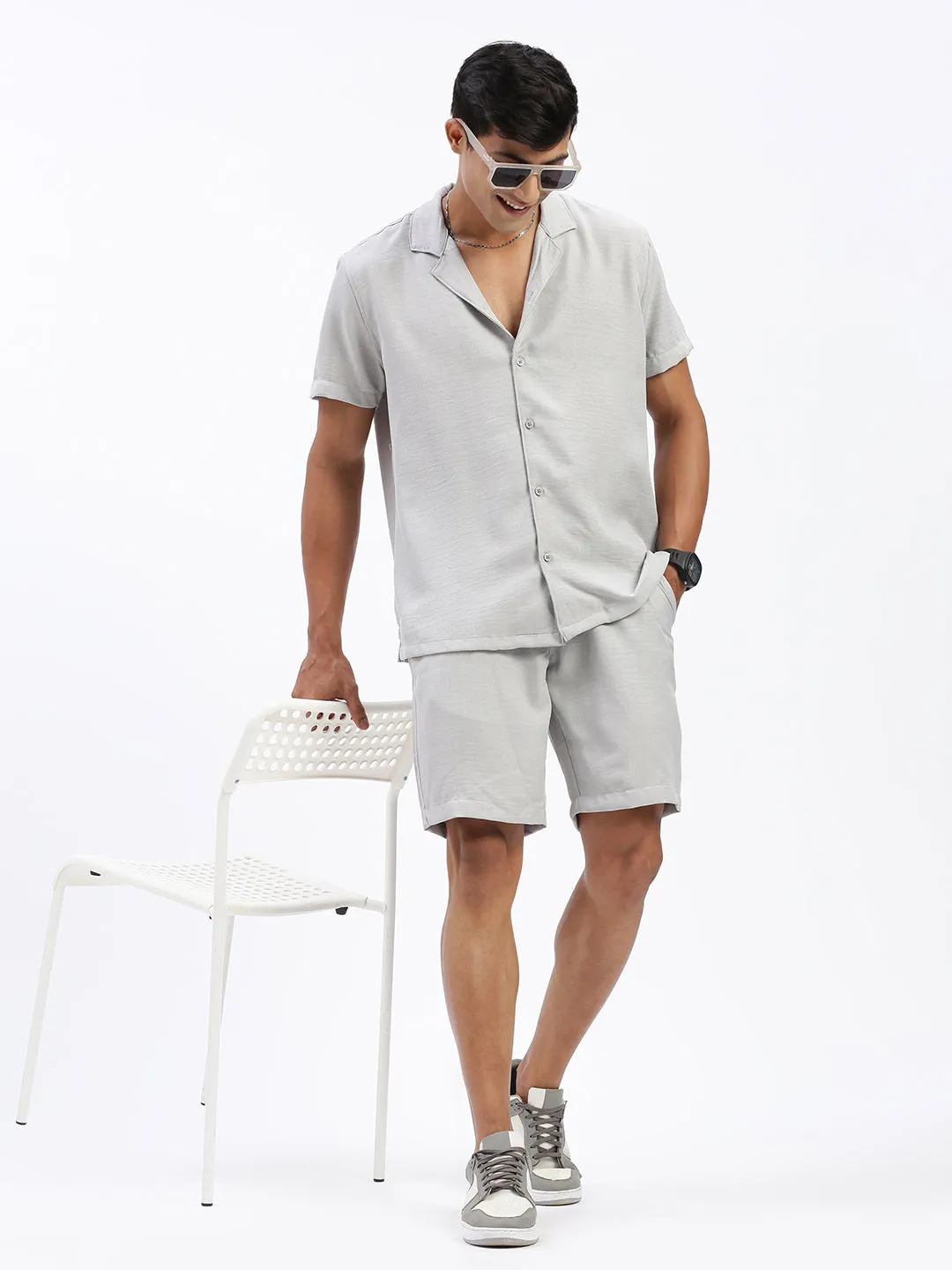 Men Solid Grey Casual Co Ords Set