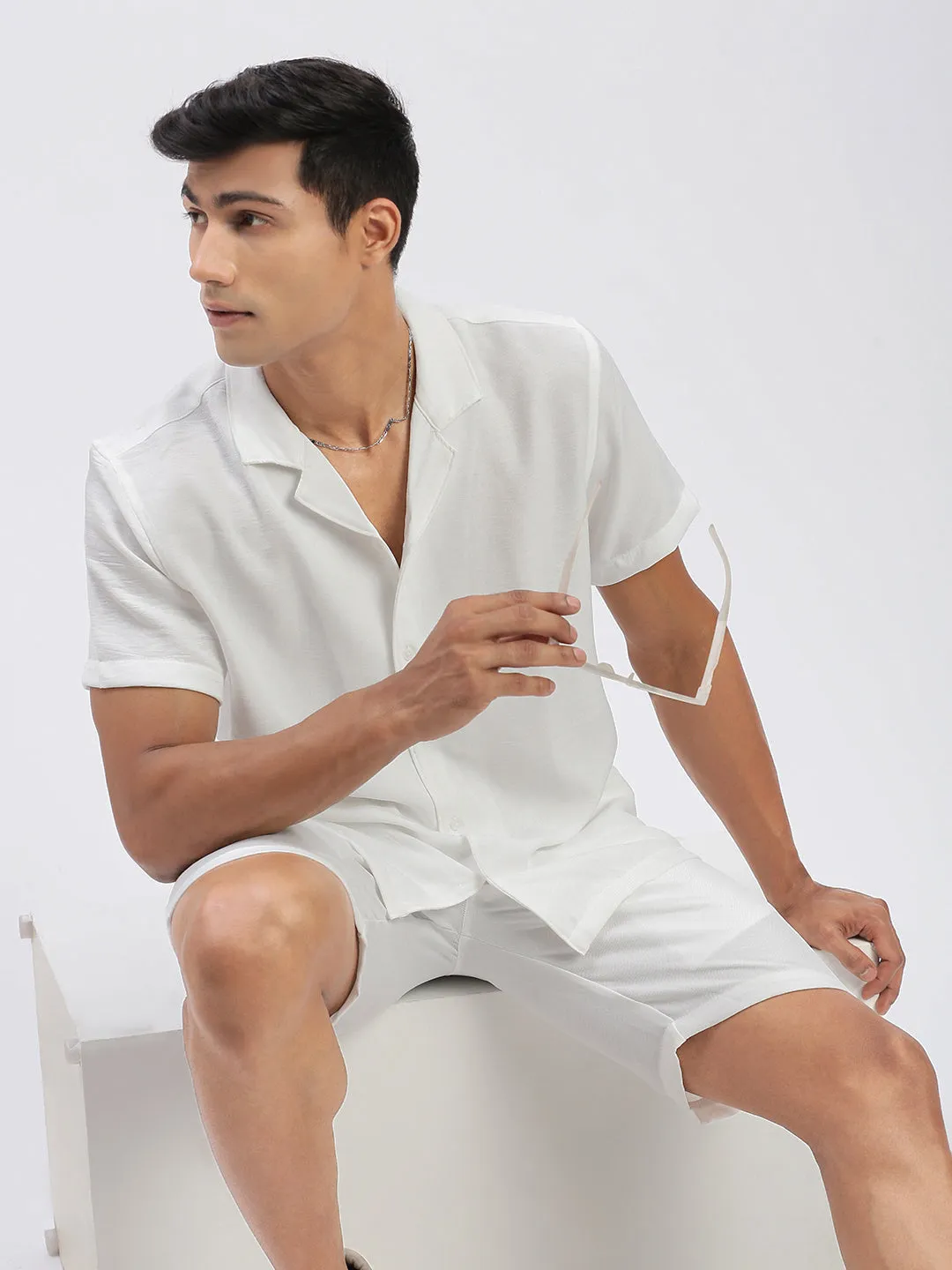 Men Solid White Casual Co Ords Set