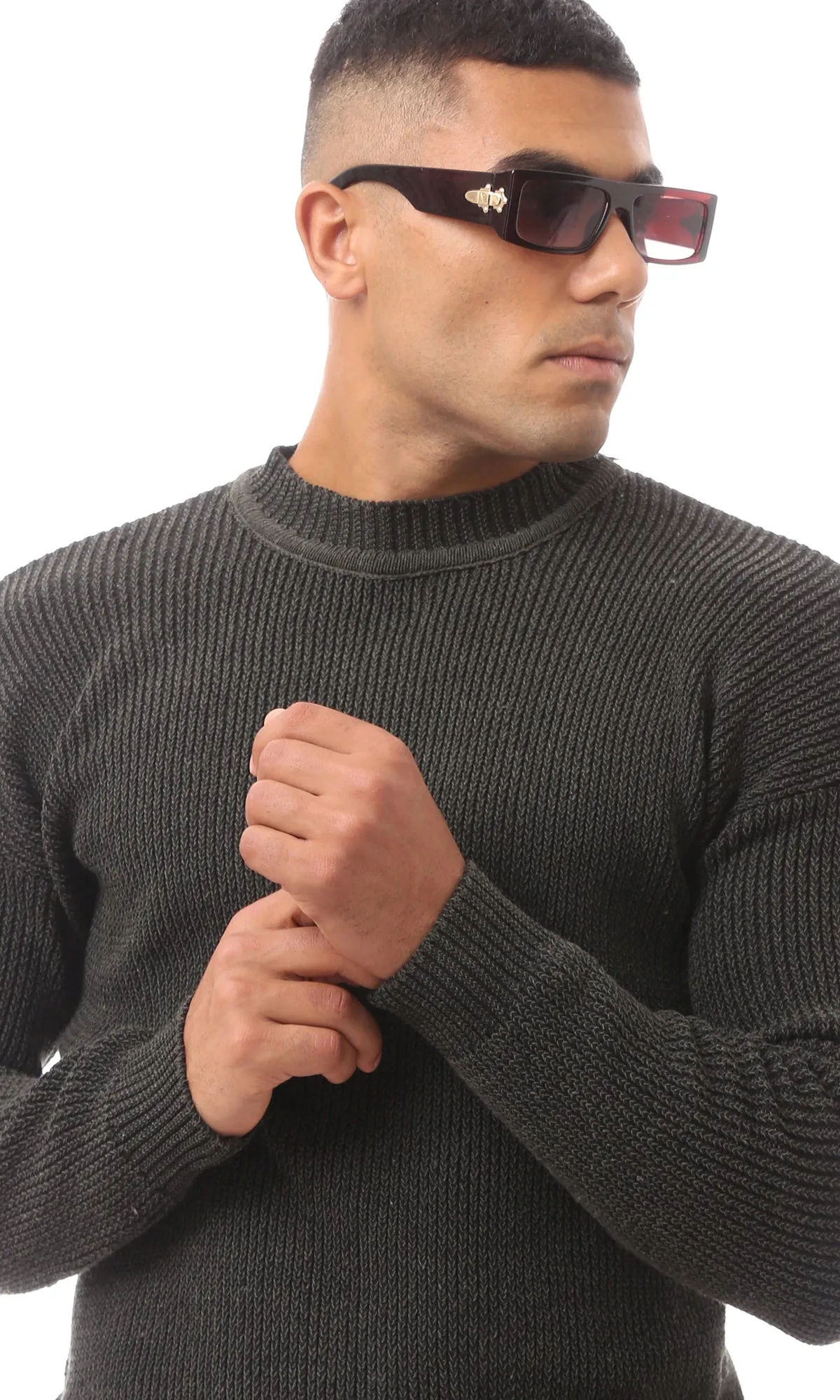 O171139 Olive Green Mock Neck Acrylic Pullover