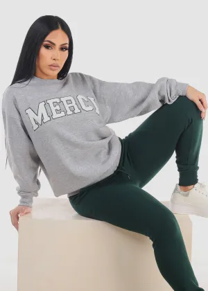 Relaxed Fit Fleece Sweatshirt Heather Grey "Merci"