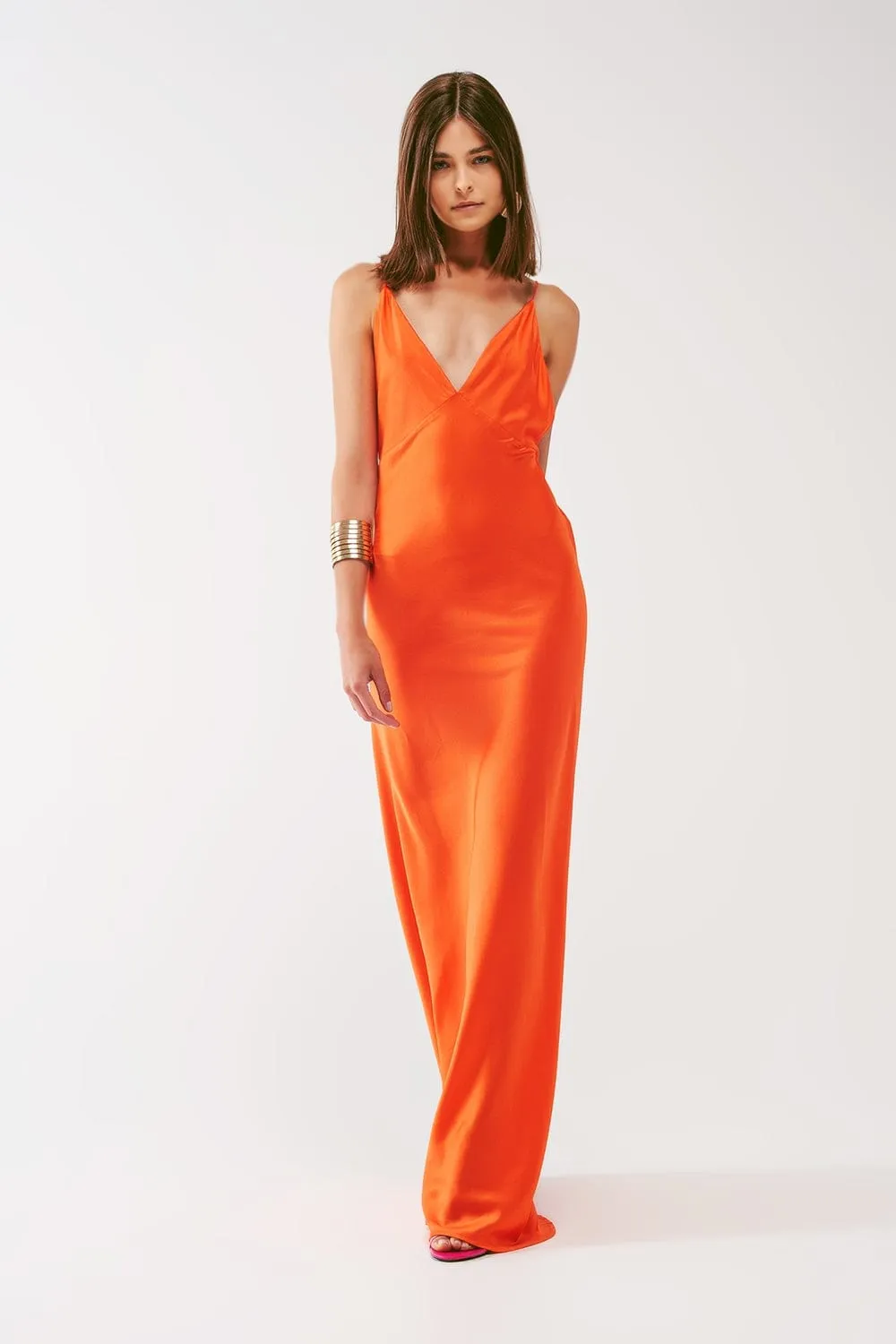 Satin Maxi Dress With Spaghetti Straps In Orange