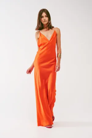 Satin Maxi Dress With Spaghetti Straps In Orange