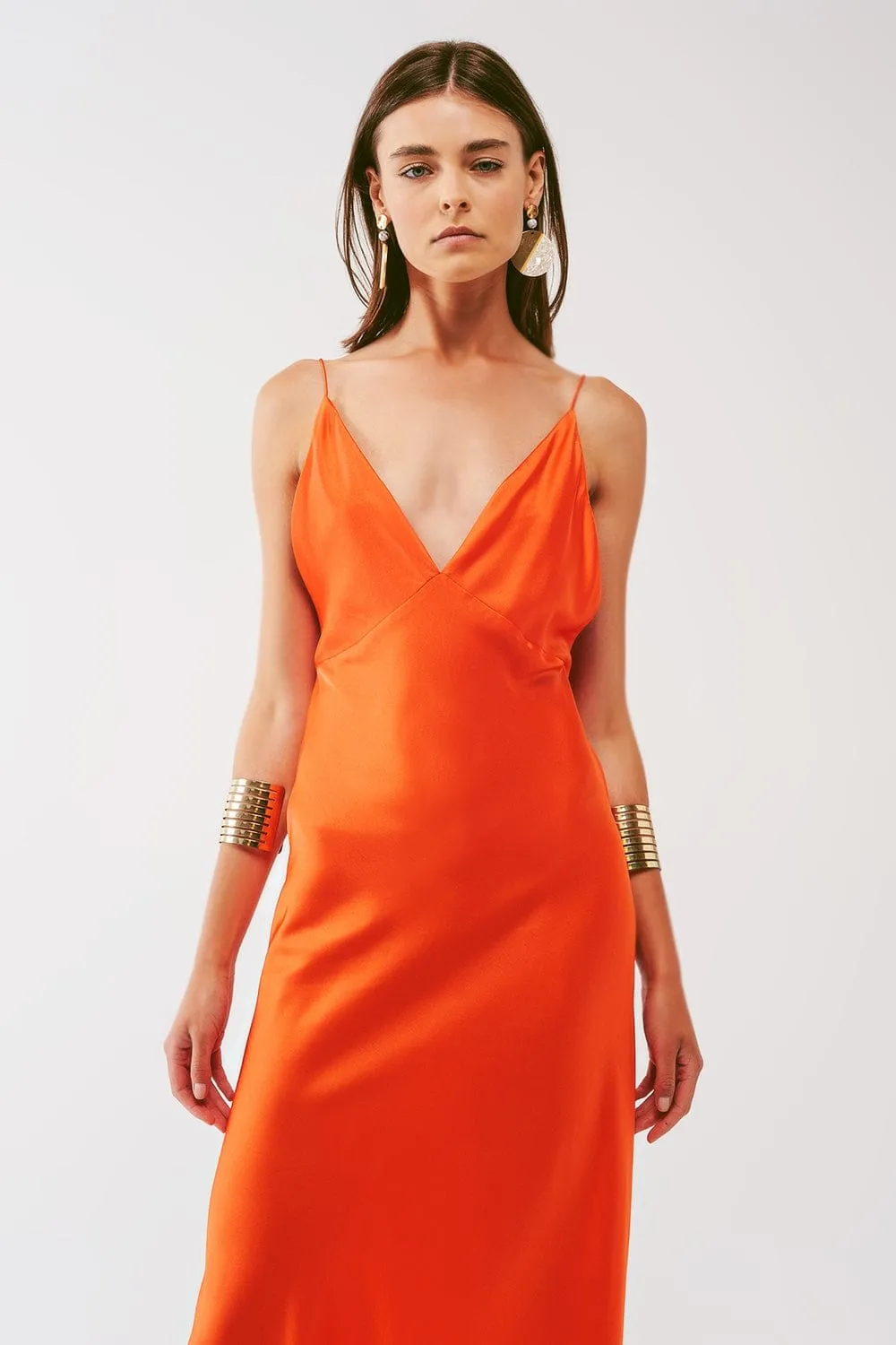 Satin Maxi Dress With Spaghetti Straps In Orange