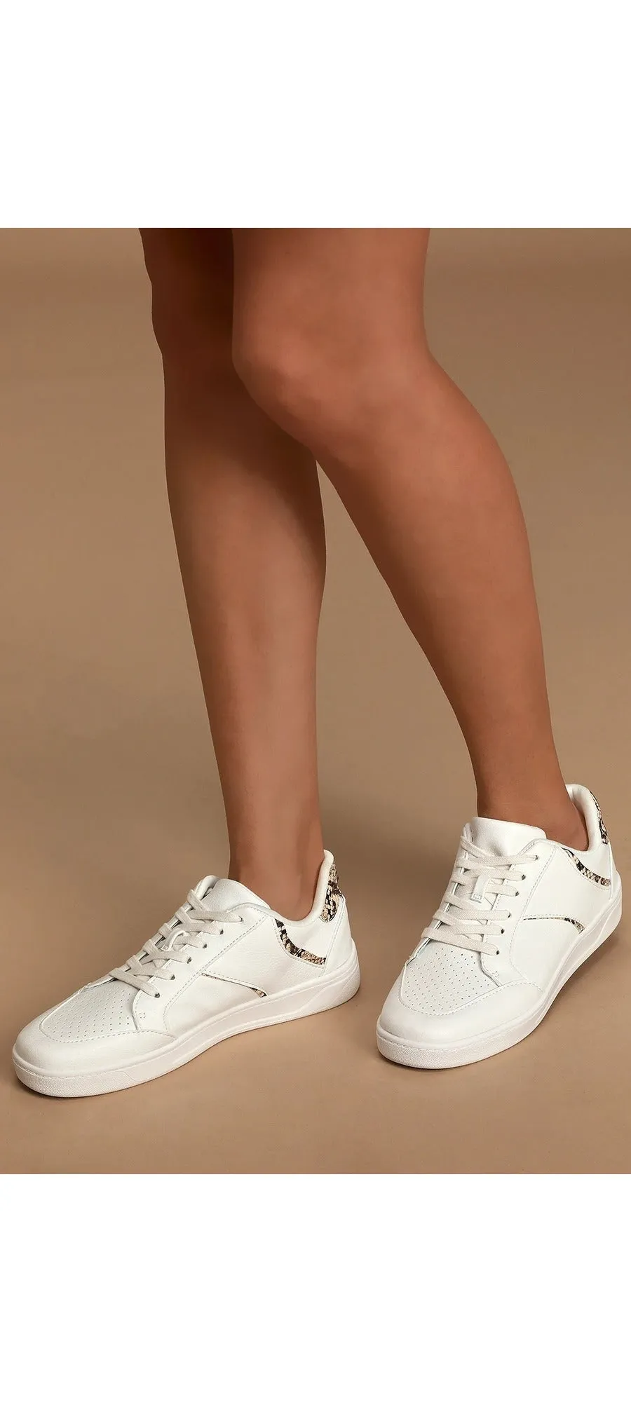 Steve Madden Harmonize White and Tan Perforated Lace Up Rubber Sole Sneakers