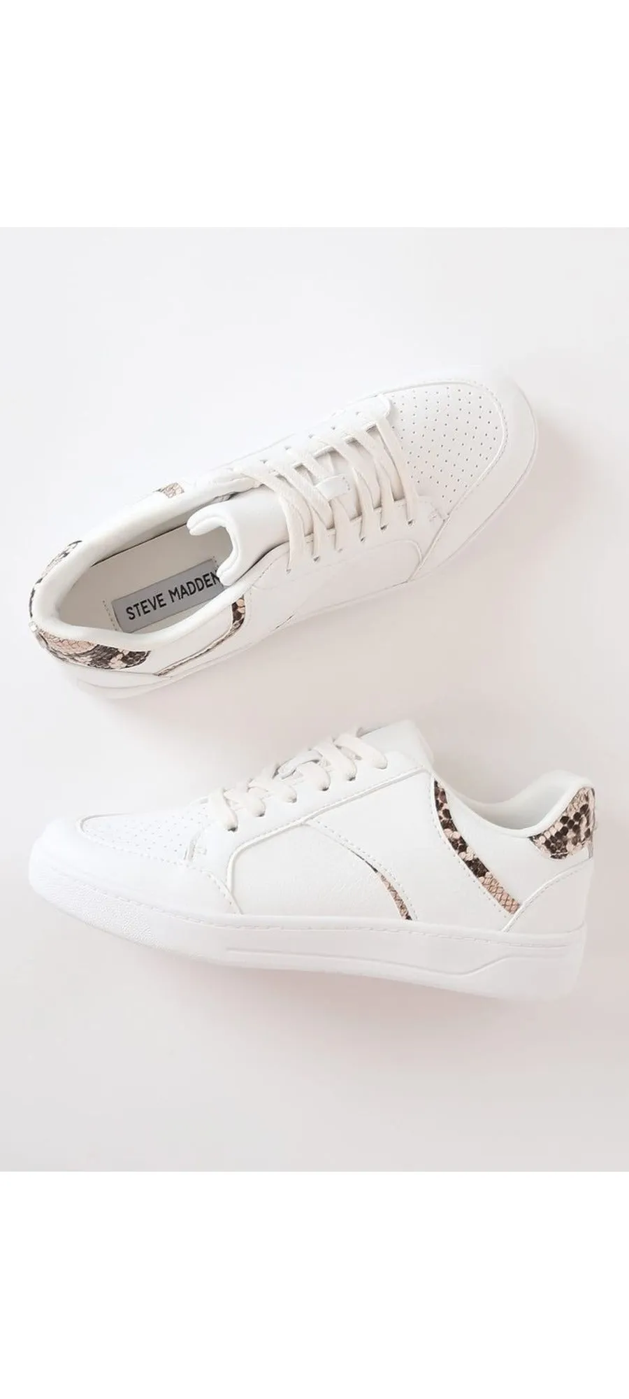 Steve Madden Harmonize White and Tan Perforated Lace Up Rubber Sole Sneakers